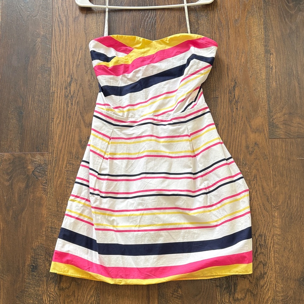 Lilly Pulitzer Strapless Dress in Pink, Yellow, and Navy Stripes